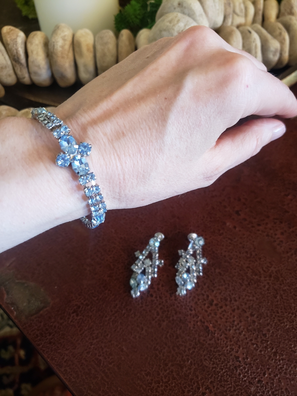 Vintage Blue Crystal Tennis Bracelet and Earrings Set - Estate Jewelry